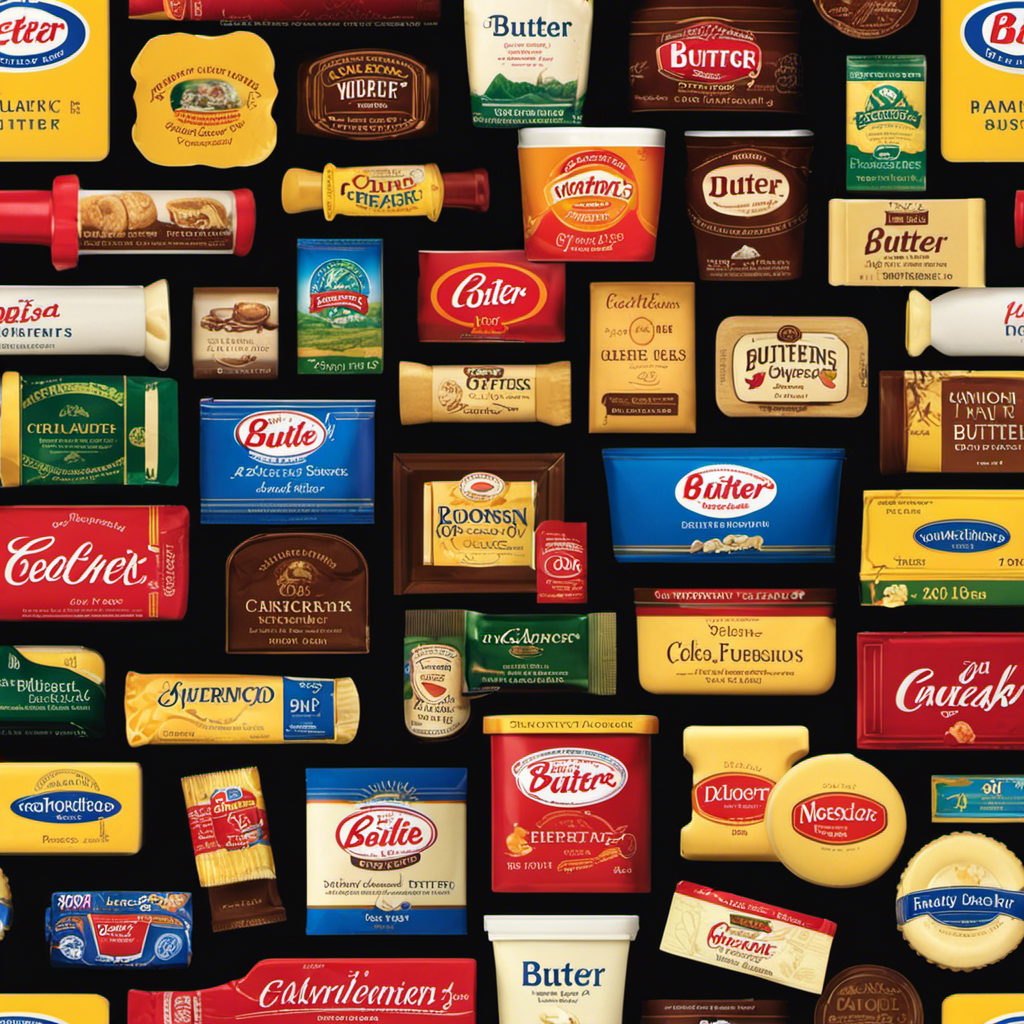 An image showcasing various brands of butter, each labeled with their stick measurements
