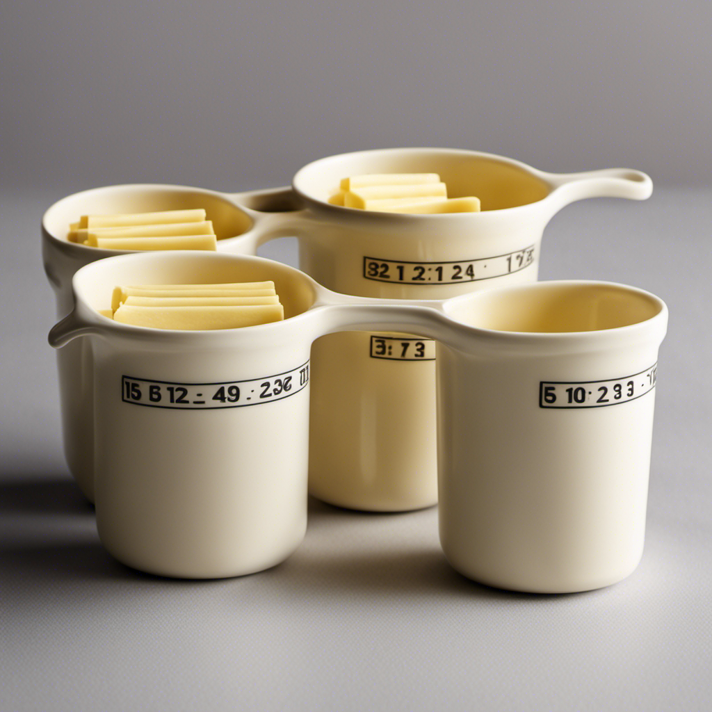 An image showcasing four identical measuring cups, each filled with a different amount of butter sticks