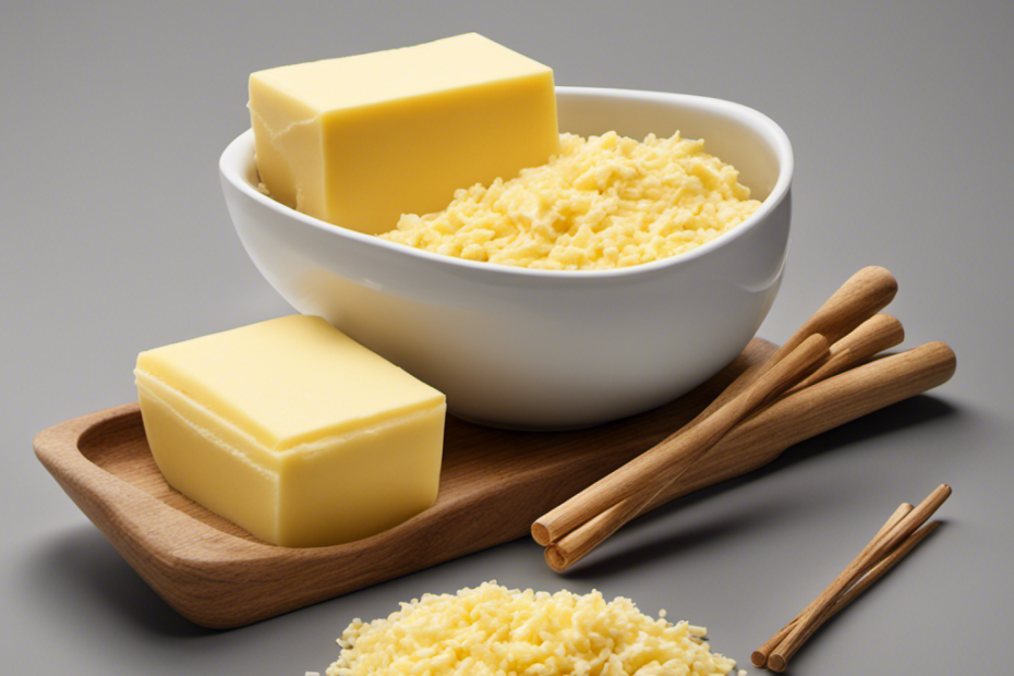 An image displaying a measuring cup containing 3/4 cup of butter, surrounded by neatly arranged sticks of butter