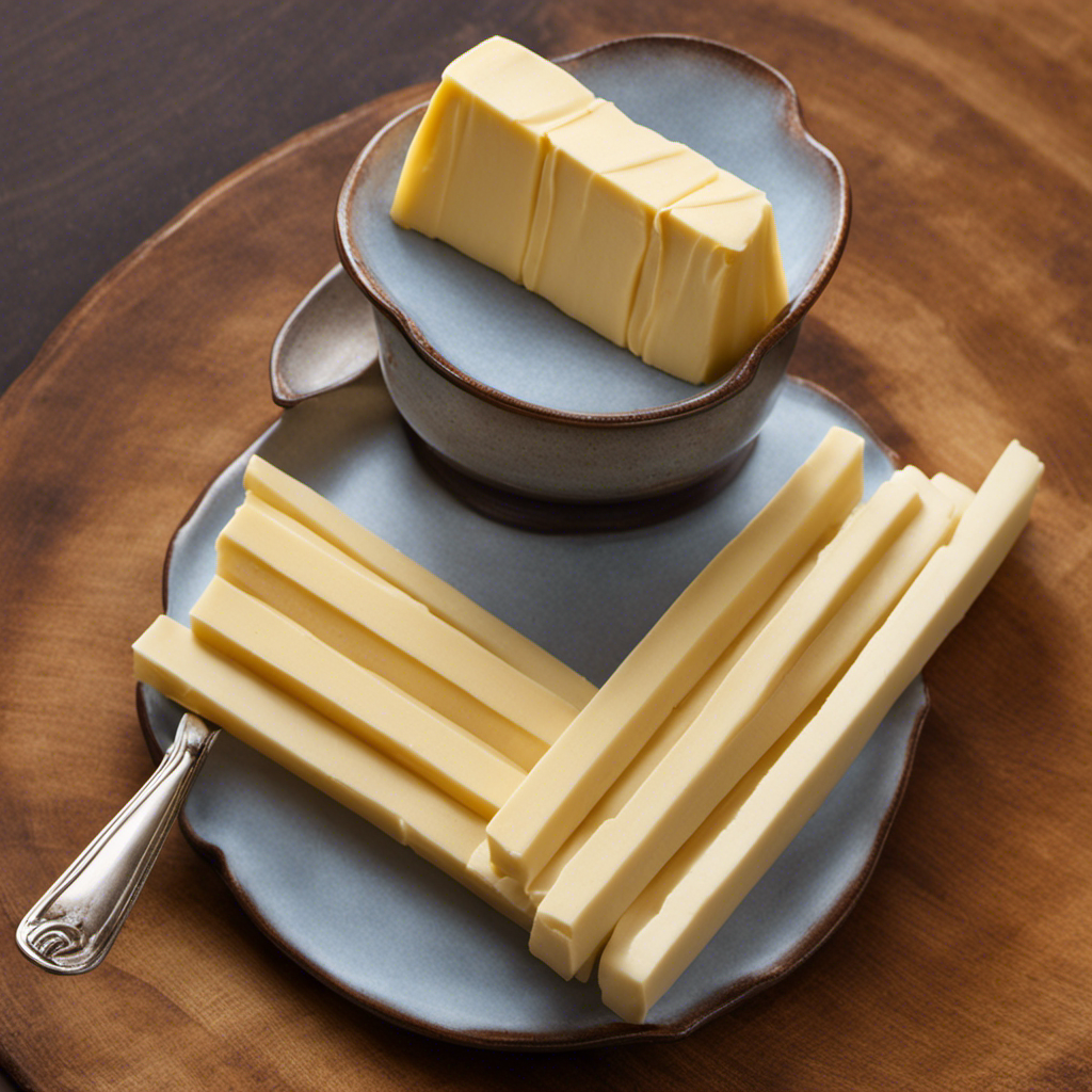 An image showcasing 3/4 cup of butter by portraying a stack of rectangular sticks