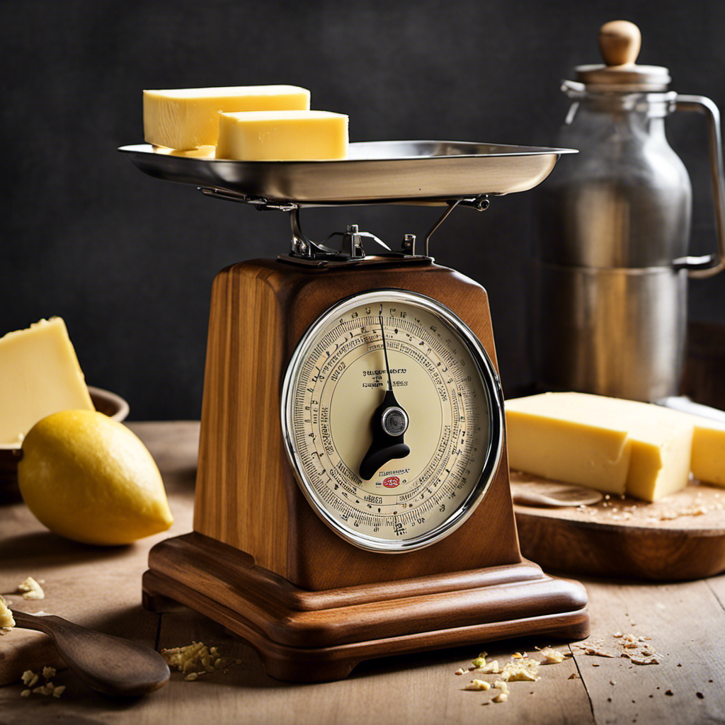 An image of a vintage kitchen scale with an 8 oz block of butter on one side, delicately balanced by an assortment of wooden sticks on the other side