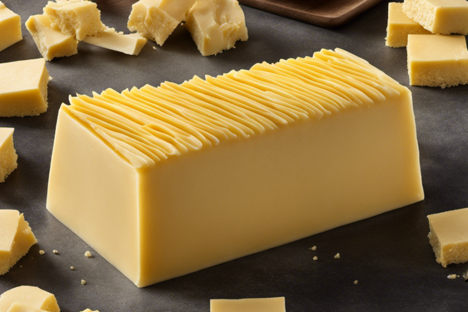 An image showcasing a mound of creamy, golden butter, perfectly sliced into uniform sticks