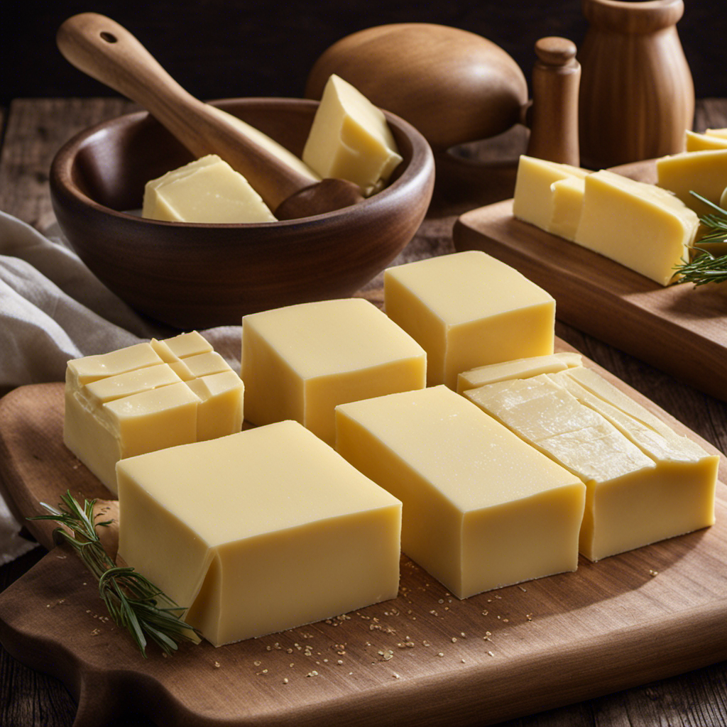 an image showcasing a wooden cutting board with precisely 16 rectangular sticks of butter, individually wrapped in wax paper