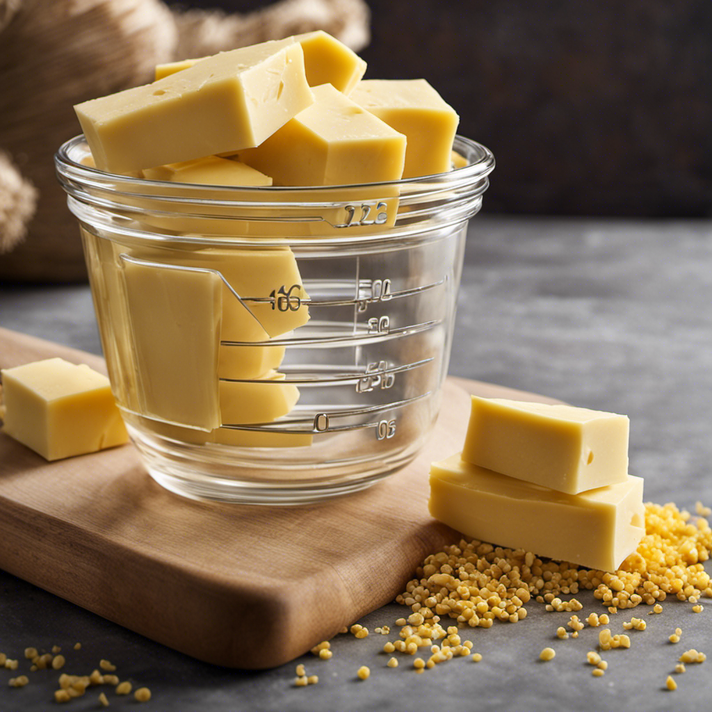 An image showcasing a sturdy glass measuring cup filled with precisely measured, golden sticks of butter, neatly piled atop one another, emphasizing the correlation between the quantity of sticks and a pound