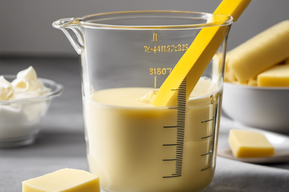 An image showcasing a clear glass measuring cup filled with precisely measured yellow sticks of creamy butter, neatly aligned side by side, illustrating the conversion of 1 cup to an equivalent number of butter sticks