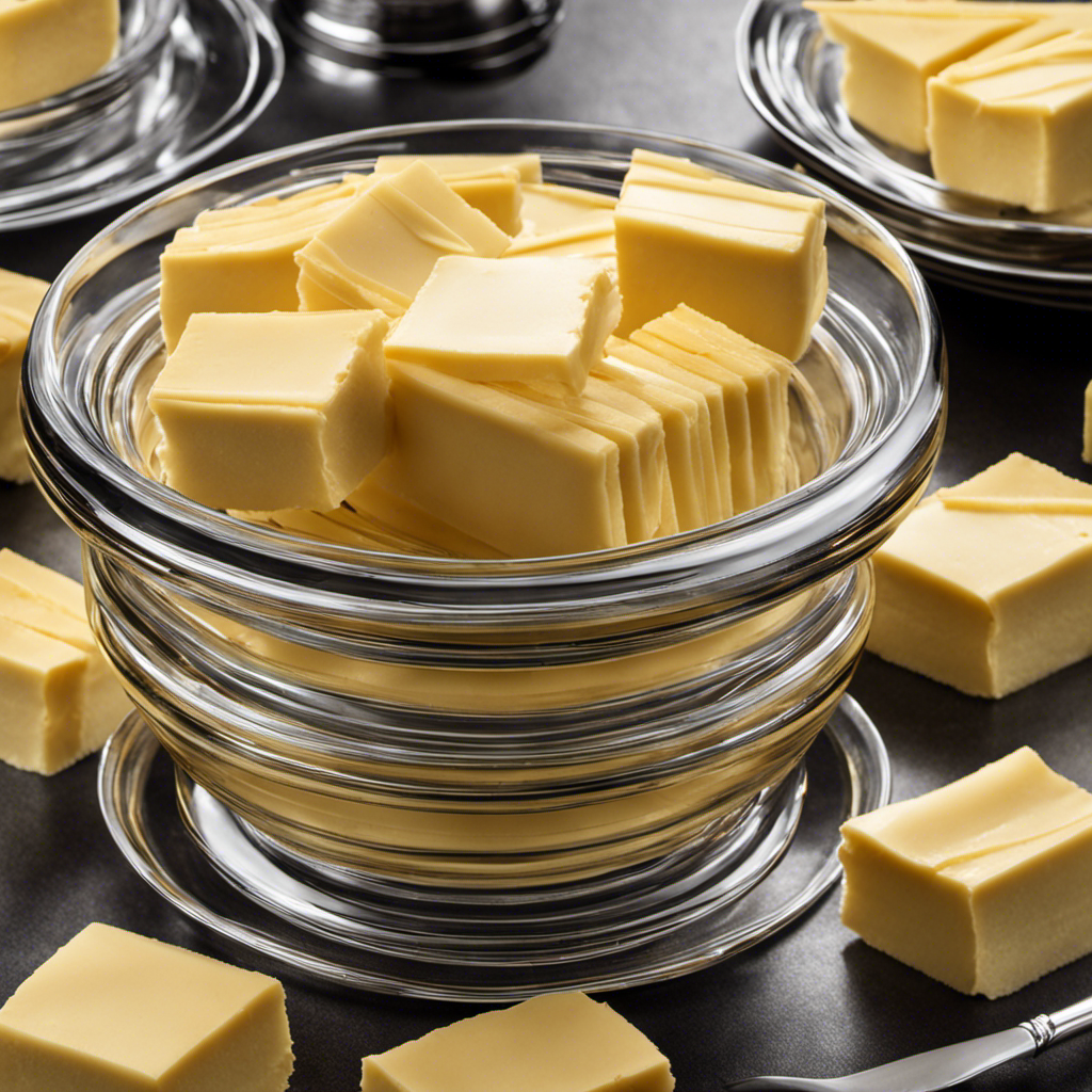 An image depicting a clear glass bowl filled with 4 stacks of rectangular butter sticks, each stack consisting of 4 sticks