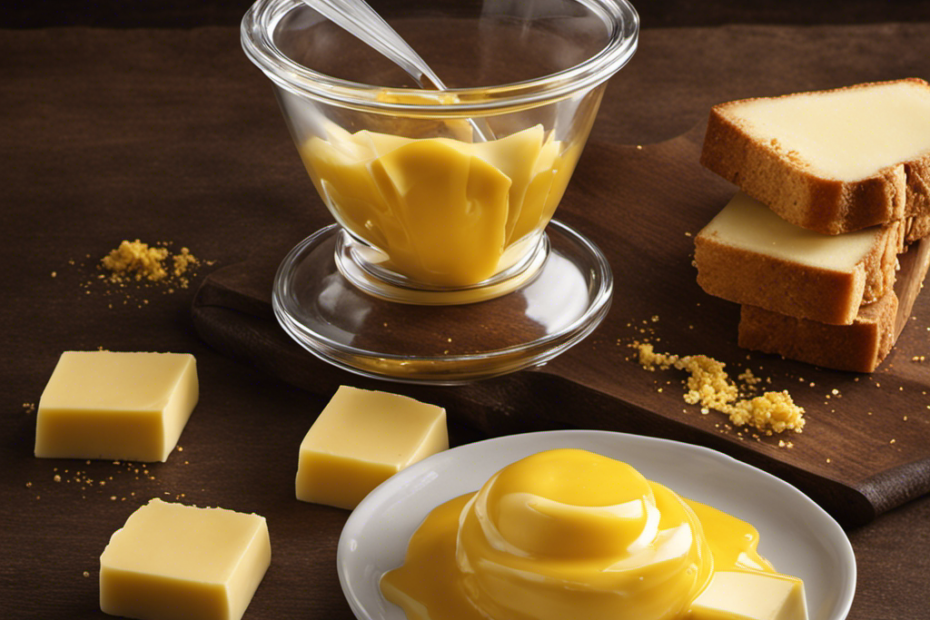 An image showcasing a clear measuring cup filled to the brim with melted golden butter, alongside a neat stack of precisely measured rectangular sticks of butter, vividly illustrating the equivalence between the two