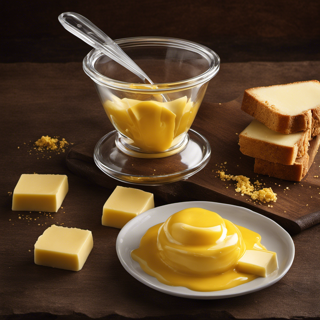 An image showcasing a clear measuring cup filled to the brim with melted golden butter, alongside a neat stack of precisely measured rectangular sticks of butter, vividly illustrating the equivalence between the two