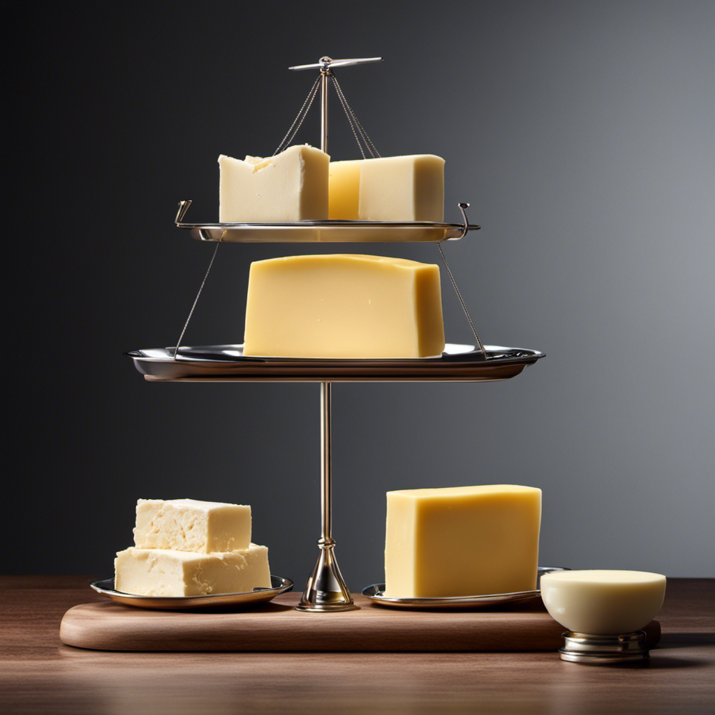 An image showcasing a balanced scale, with one side holding a pound of butter and the other side displaying multiple sticks of butter