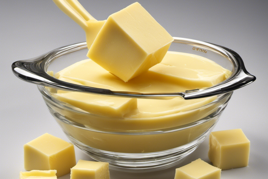 An image depicting a measuring cup filled with precisely 1 cup of butter, surrounded by neatly arranged sticks of butter