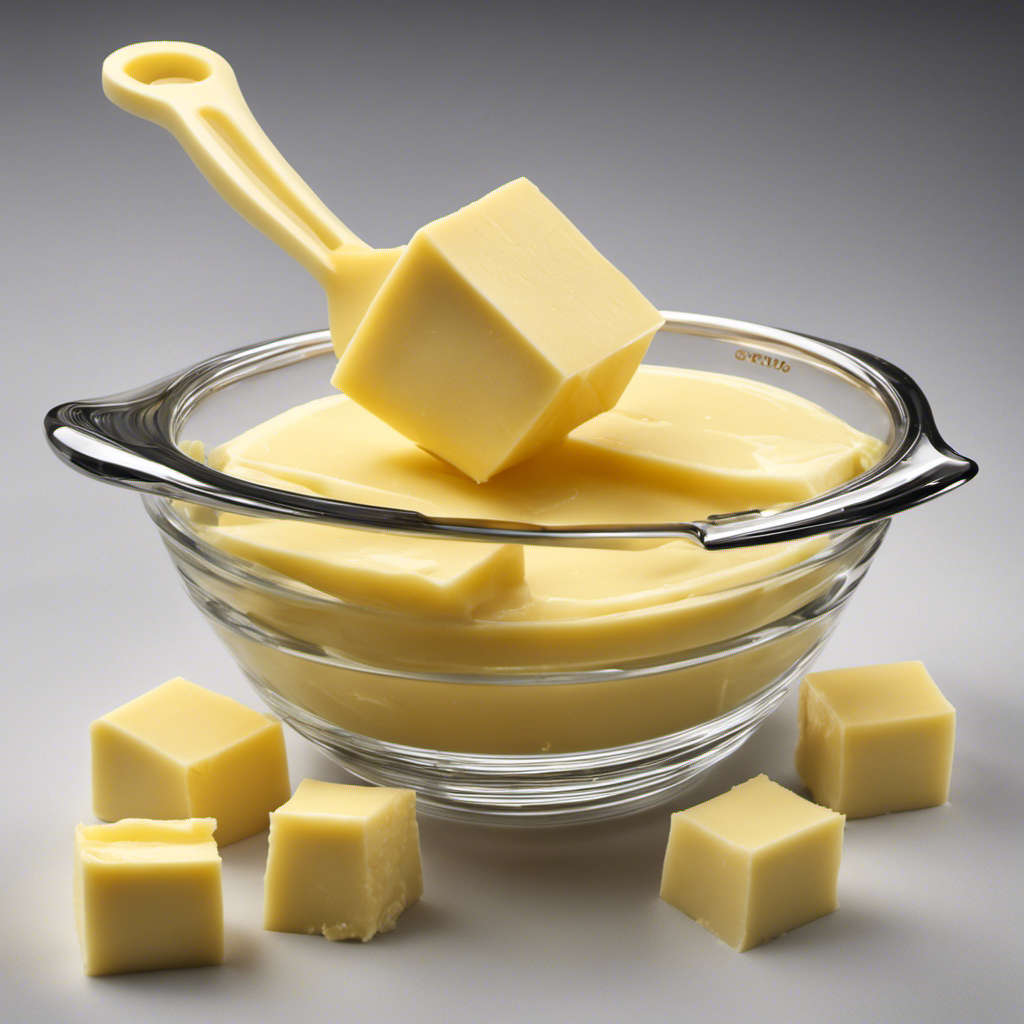 An image depicting a measuring cup filled with precisely 1 cup of butter, surrounded by neatly arranged sticks of butter