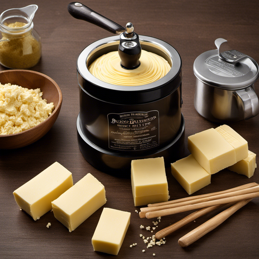 An image showcasing the Magic Butter Maker surrounded by neatly arranged sticks of butter, each labeled with precise measurements
