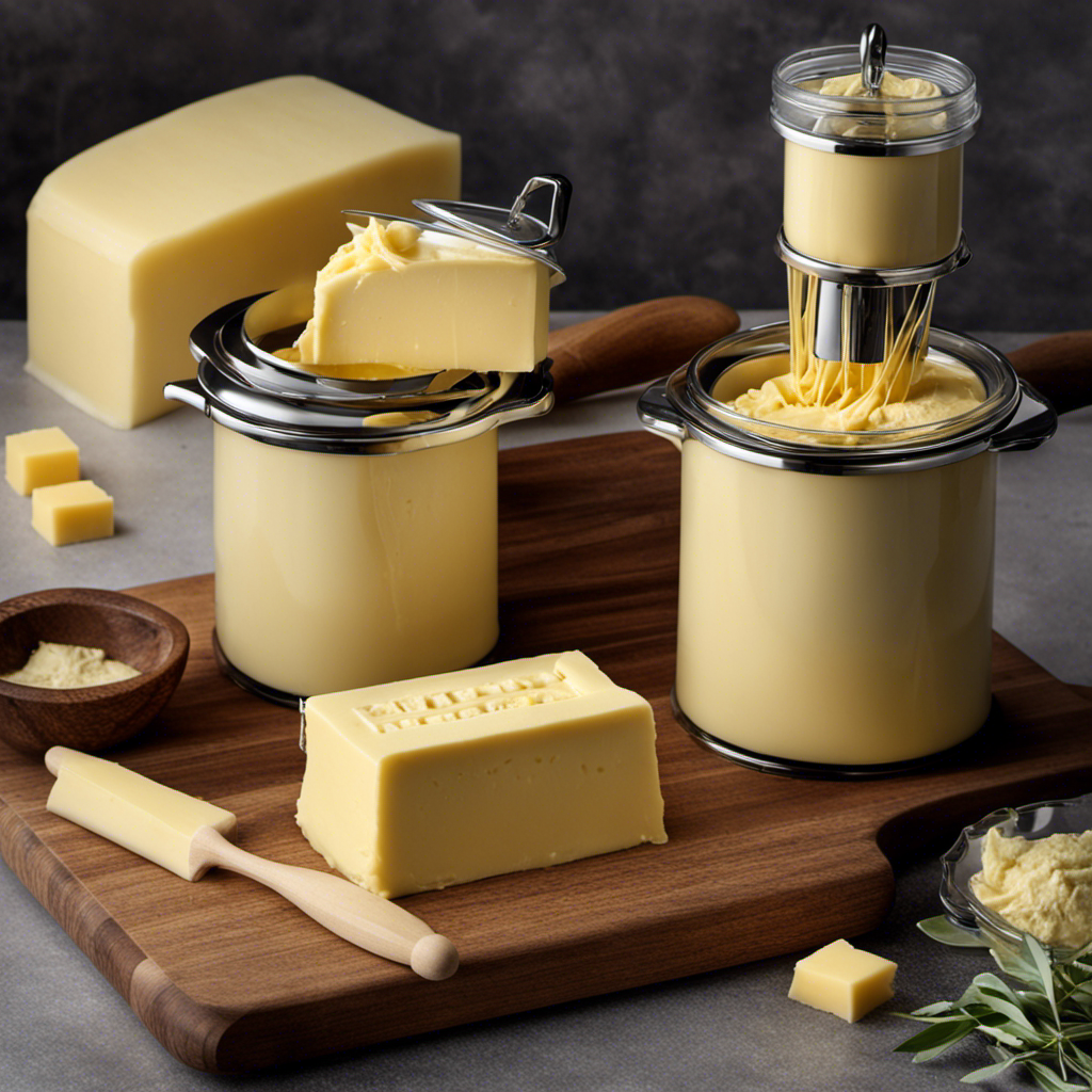 An image featuring a Magic Butter Maker surrounded by sticks of butter, each labeled with the corresponding dosage strength