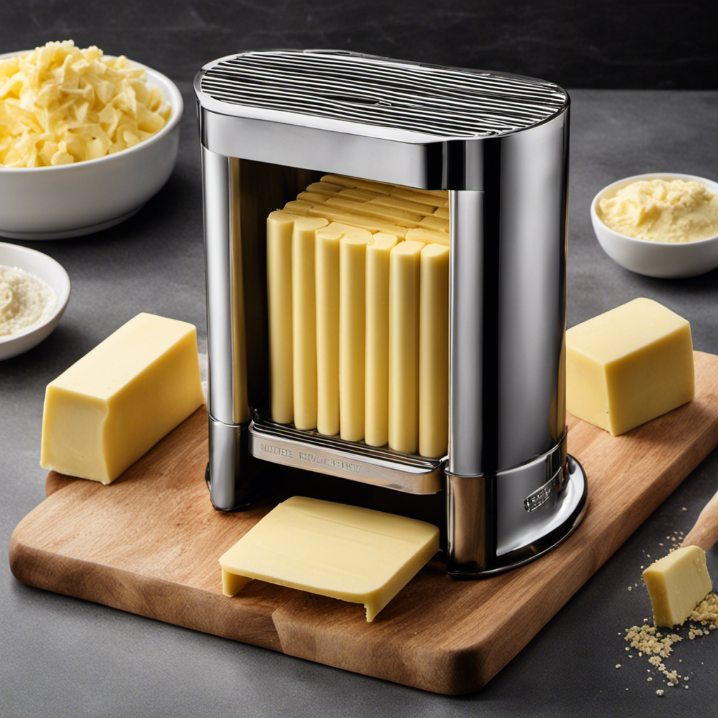An image showcasing a sleek Magic Butter Maker surrounded by a stack of butter sticks, gradually diminishing in size