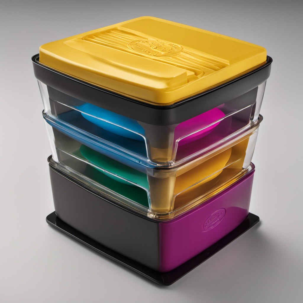 An image showcasing the Magic Butter Maker, filled with an assortment of precisely measured sticks of butter in various vibrant colors, perfectly aligned and stacked, exemplifying the art of maximizing butter efficiency
