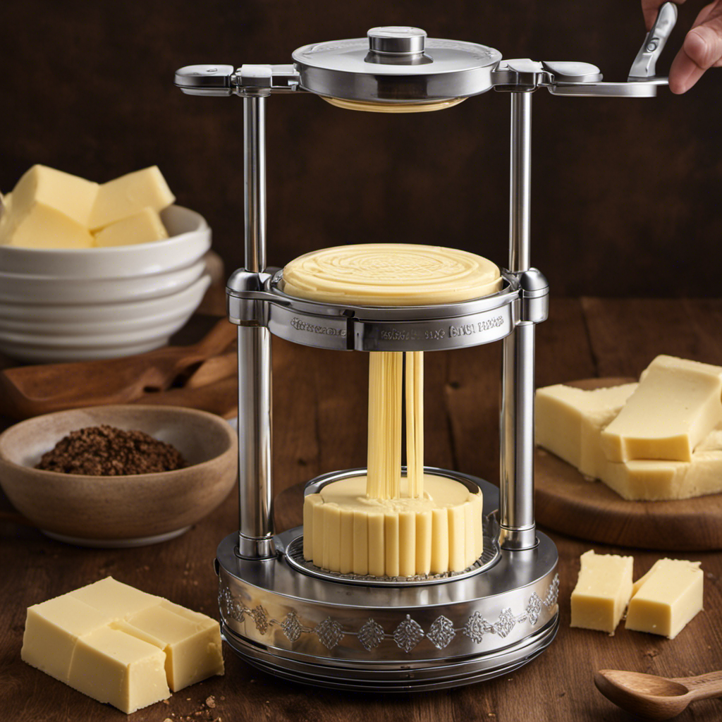 An image depicting a Magic Butter Maker with a stack of unused butter sticks next to it, while a measuring spoon precisely scoops the correct amount of butter into the machine