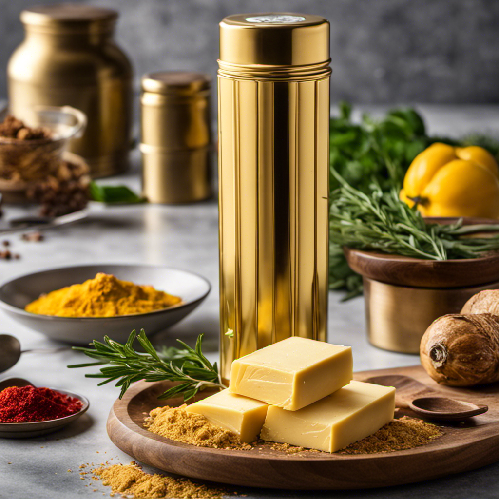 An image featuring a stack of golden butter sticks on a kitchen counter, surrounded by various infused recipe ingredients like herbs, spices, and fruits, enticing readers to discover the perfect butter-to-ingredient ratio for their Magic Butter Maker