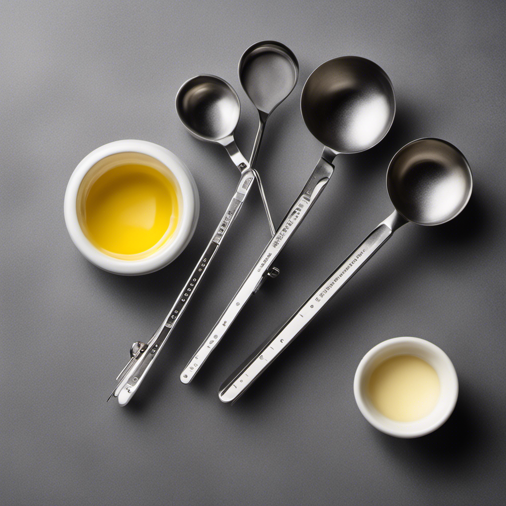 An image showing a set of precise measuring spoons on a kitchen countertop, beside a stick of butter and a measuring cup