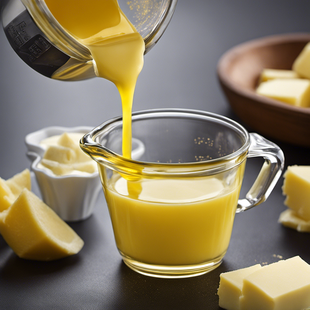 An image showcasing a clear measuring cup filled with melted butter, precisely measuring 1 cup