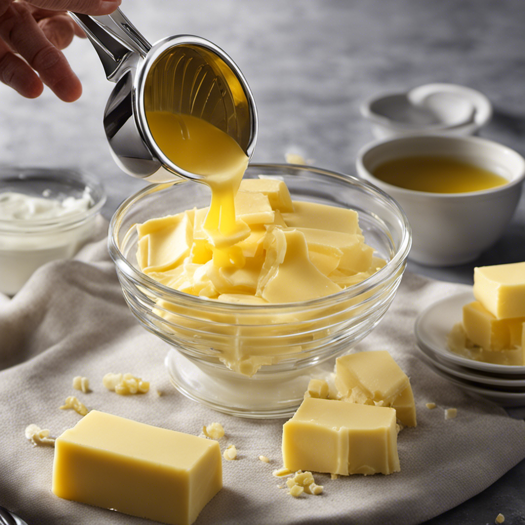 An image showcasing a clear measuring cup filled with a precise amount of melted butter, while several unwrapped sticks of butter are arranged neatly beside it