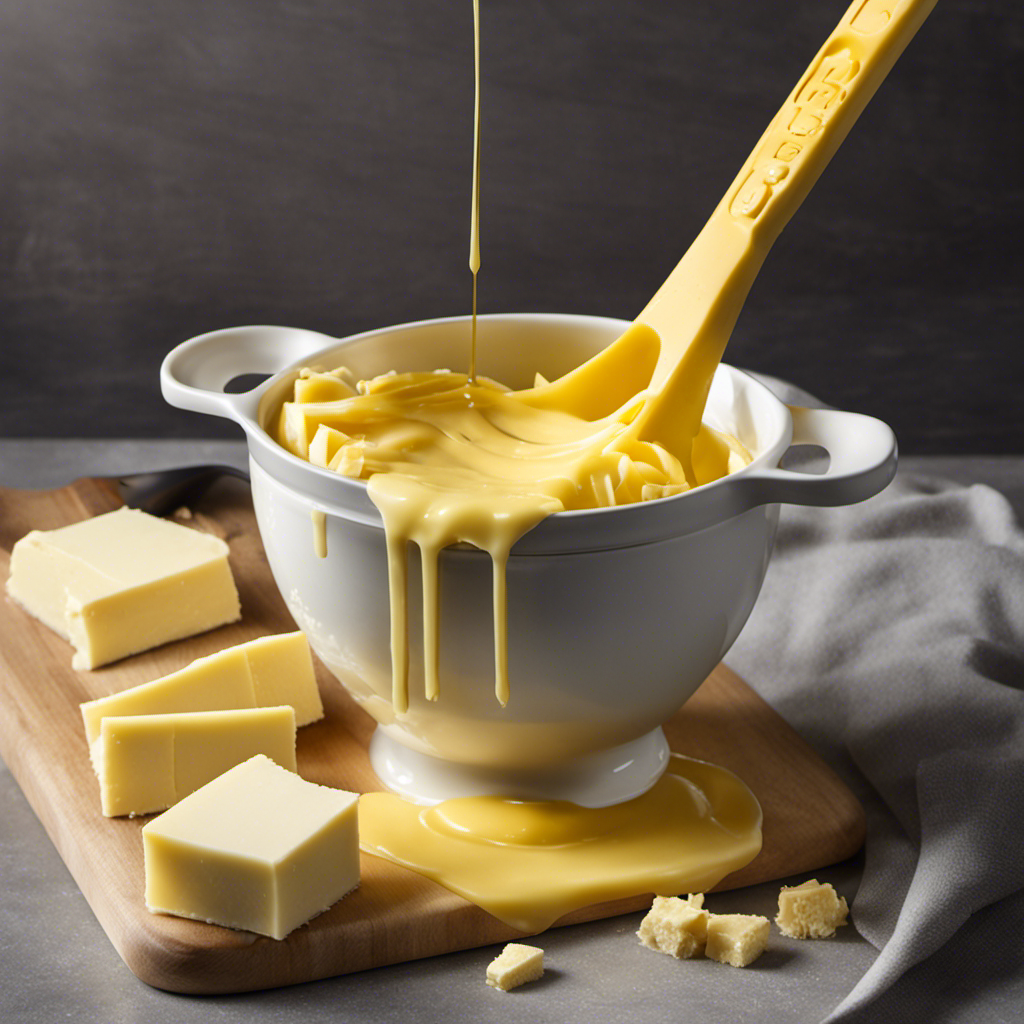 An image of a measuring cup filled with melted butter, surrounded by neatly stacked sticks of butter
