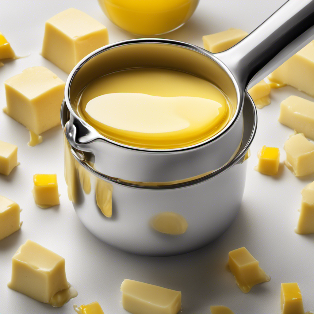 An image depicting a measuring cup filled with melted butter, with 8 labeled sticks of butter neatly aligned beside it