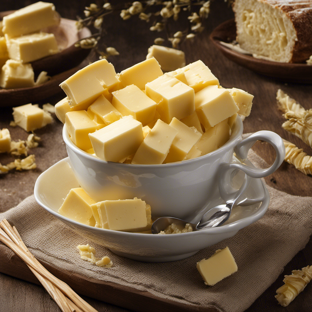 An image depicting a cup overflowing with eight sticks of butter, each stick clearly marked with measurements