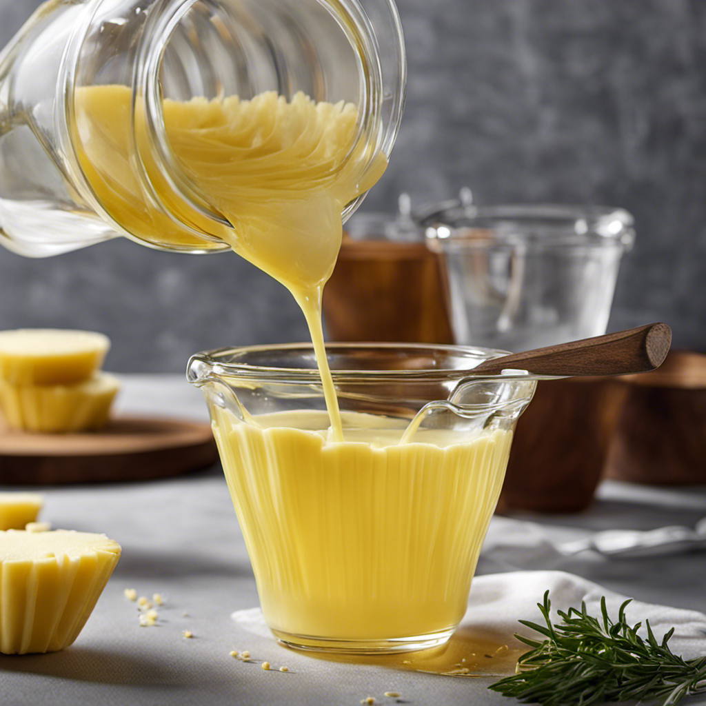 An image showcasing a clear glass measuring cup filled with melted butter, precisely measuring the equivalent of 1 cup