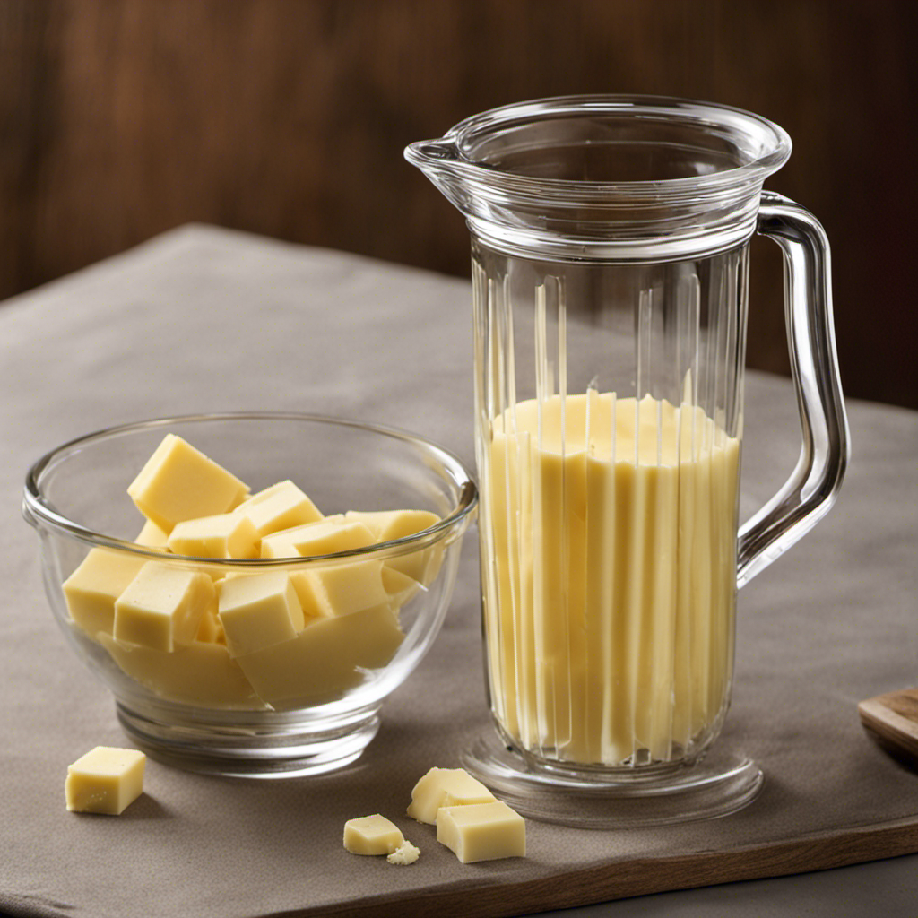 An image showcasing a clear glass measuring cup filled with a precise measurement of one cup, while beside it, neatly arranged, are four standard sticks of butter, emphasizing the conversion of cups to sticks