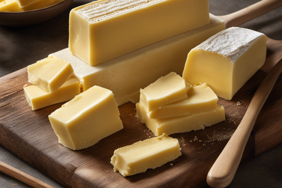 An image showcasing a precise, balanced scale with one pound of butter on one side and stacks of identical butter sticks on the other, illustrating the equivalence between the two