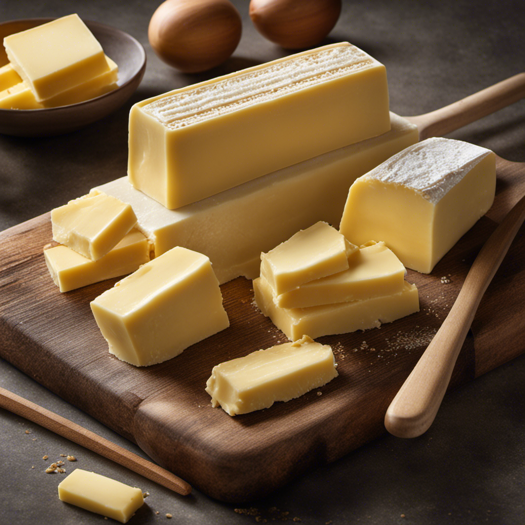 An image showcasing a precise, balanced scale with one pound of butter on one side and stacks of identical butter sticks on the other, illustrating the equivalence between the two