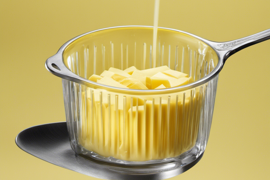 An image showcasing a measuring cup filled with precisely 1/3 cup of melted butter, surrounded by four solid sticks of butter, each marked with a clear section indicating their individual 1/3 cup measurements
