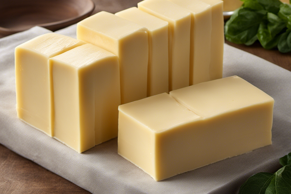 An image showcasing a neat stack of 4 rectangular sticks of butter, each measuring approximately 2