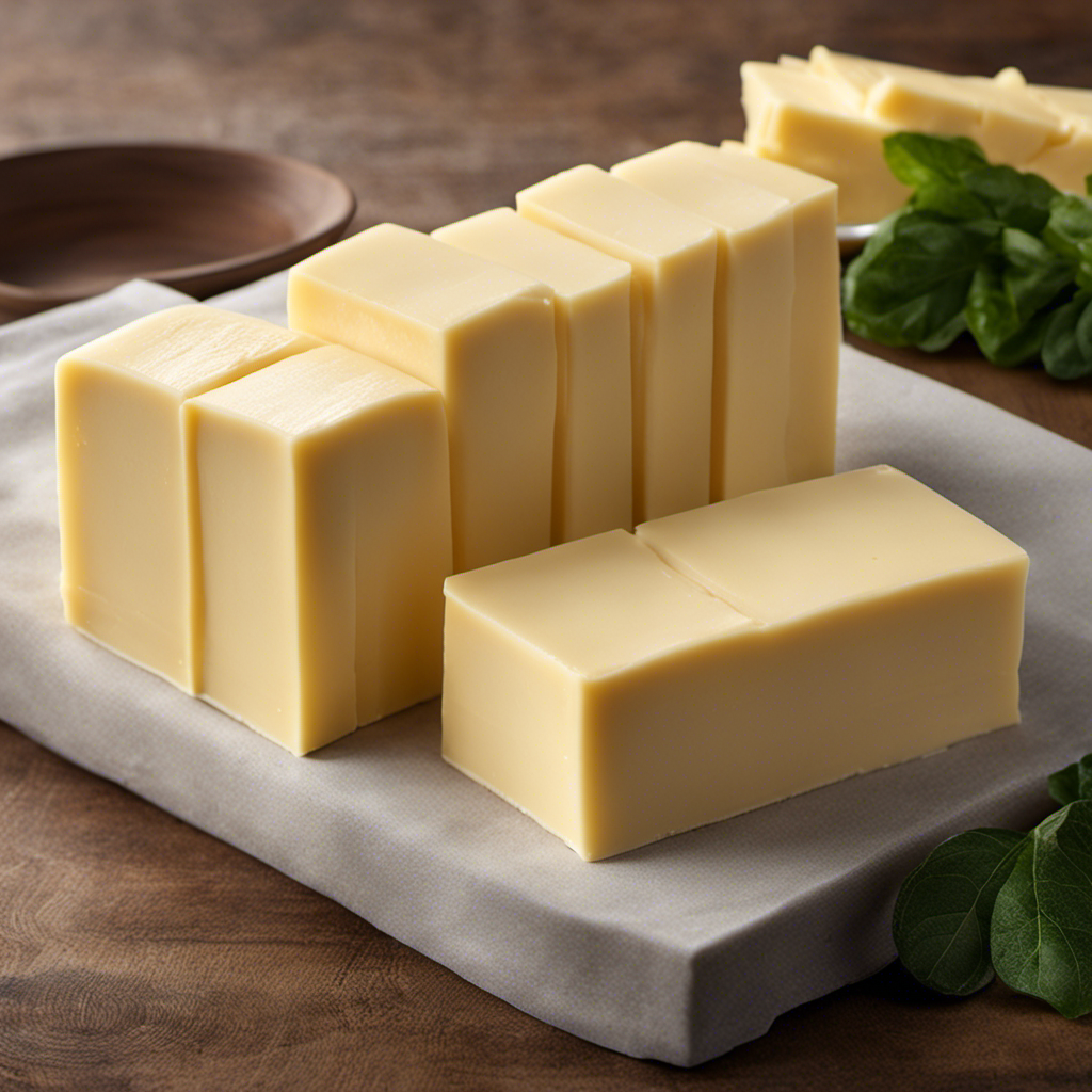 An image showcasing a neat stack of 4 rectangular sticks of butter, each measuring approximately 2