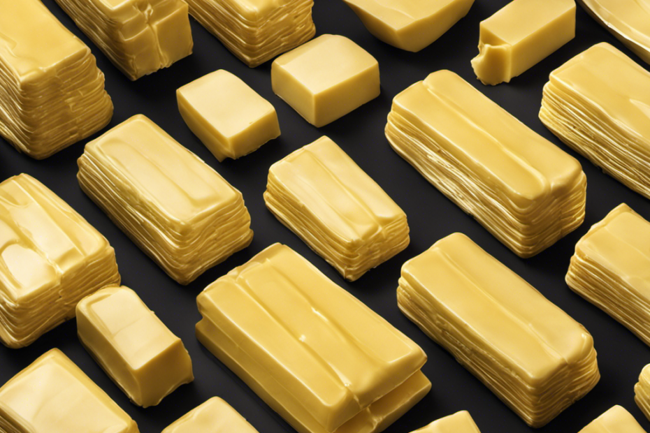 An image depicting a stack of 10 tablespoons of butter, each tablespoon represented by a rectangular stick with a creamy texture