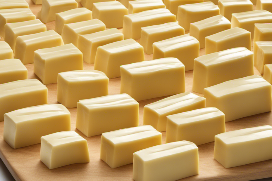 An image showing a neatly arranged stack of 10 tablespoons of butter, each tablespoon represented by a smooth, rectangular slab with rounded edges, resembling traditional stick-shaped butter
