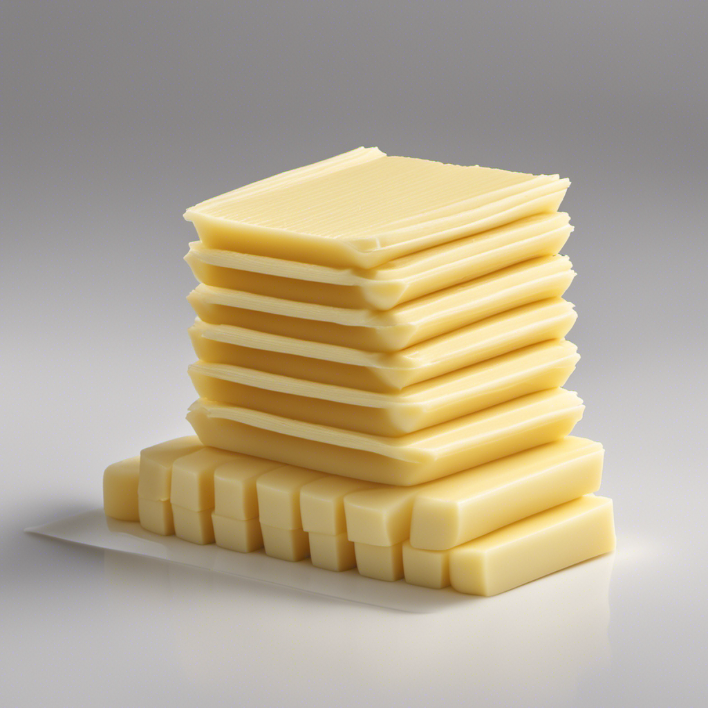 An image showcasing the precise volume of 2/3 cup of butter by visually representing a stack of butter sticks