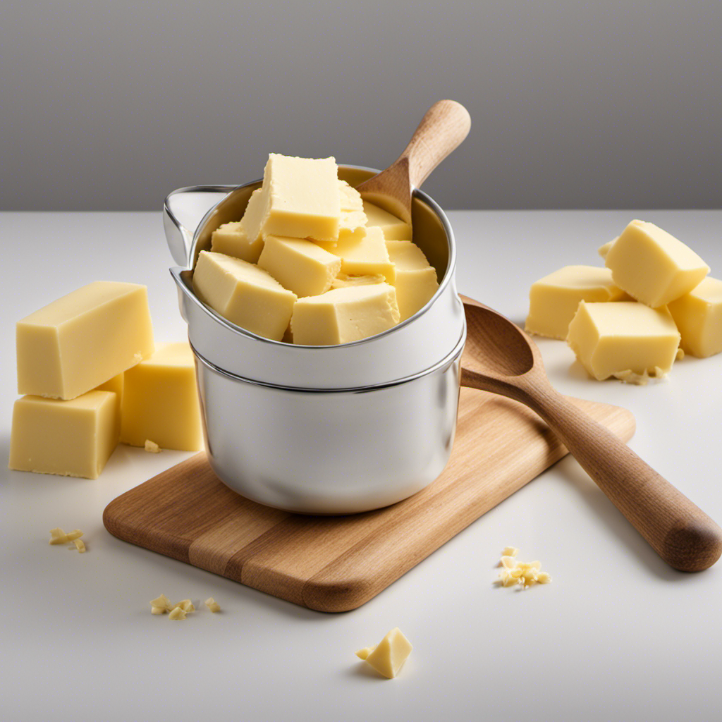 An image showcasing a measuring cup filled with precisely 2/3 cup of butter, surrounded by neatly arranged sticks of butter, highlighting the conversion from cups to sticks
