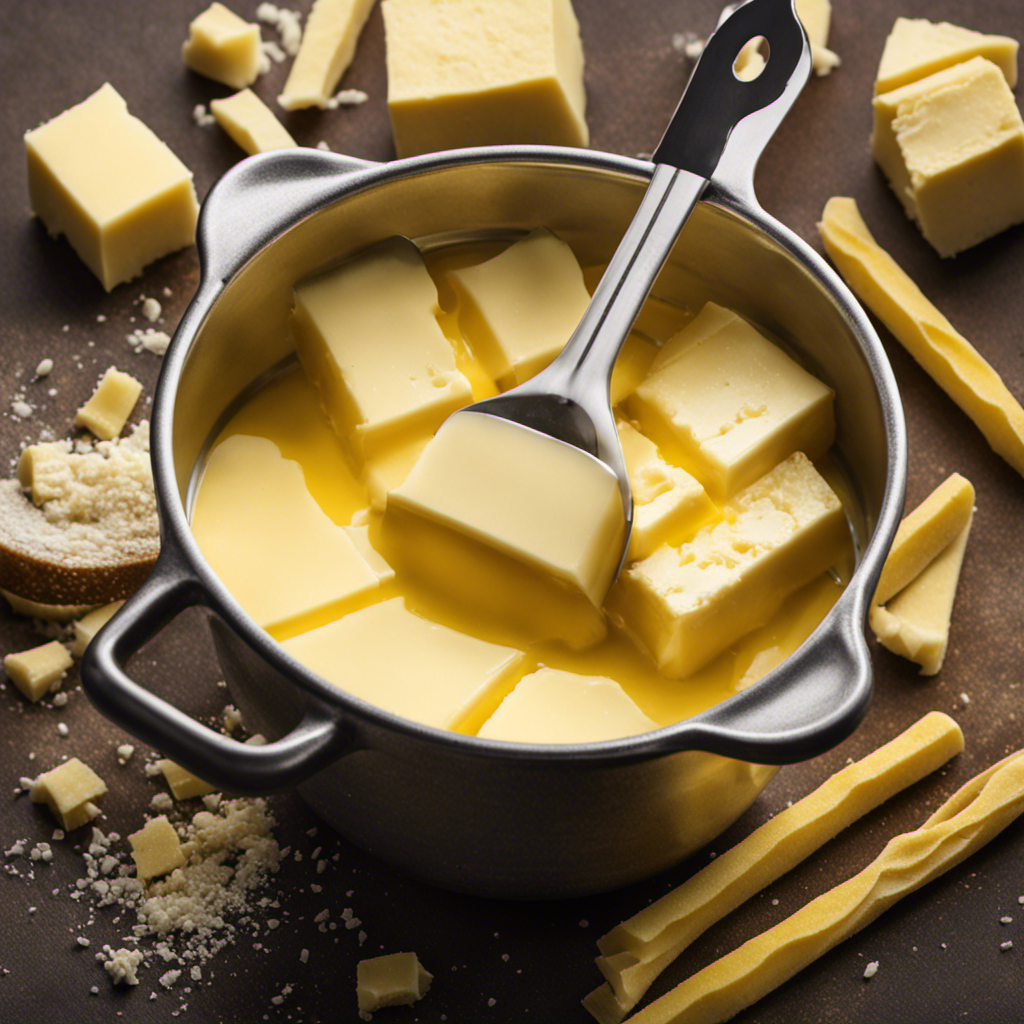 An image showcasing a measuring cup filled with 2/3 cup of melted butter, surrounded by a pile of misshapen butter sticks, illustrating common mistakes to avoid when measuring butter