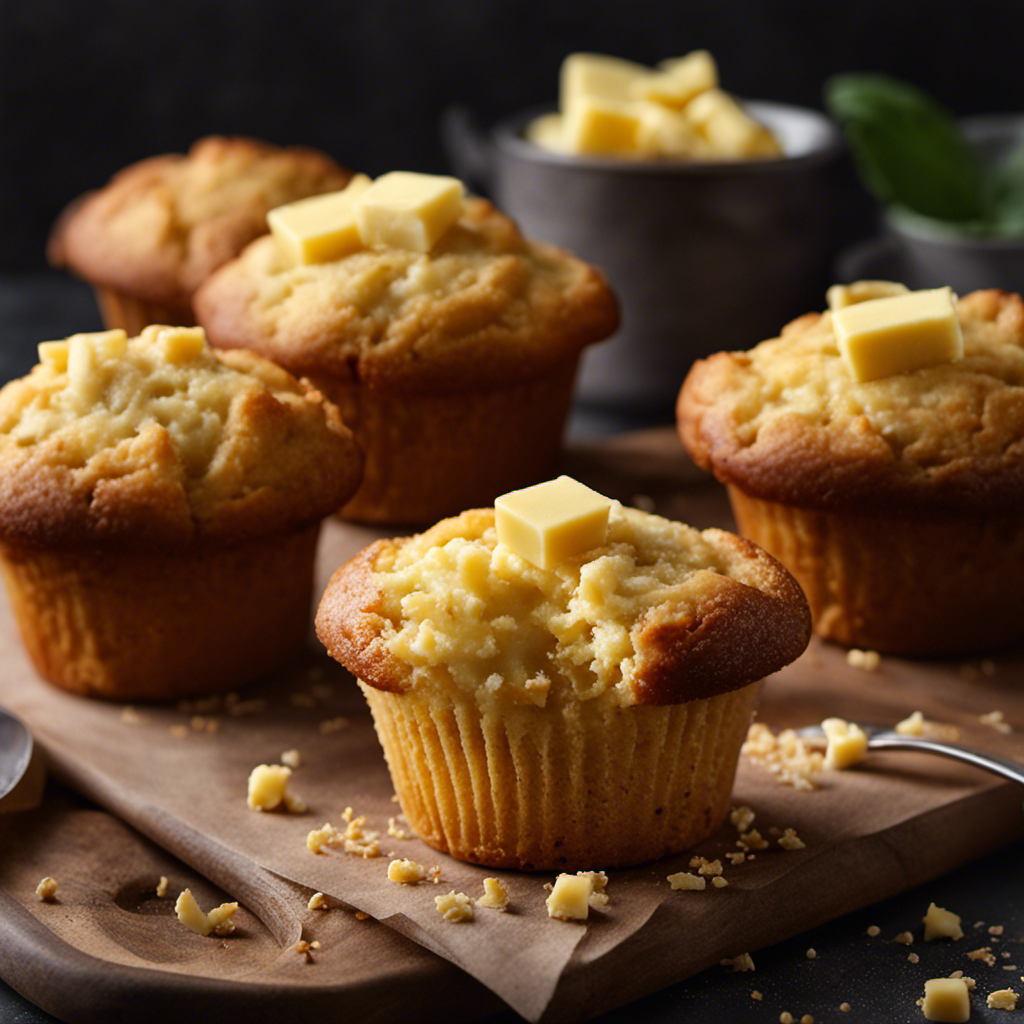 An image showcasing a delicate, golden muffin with a crumbly, buttery texture
