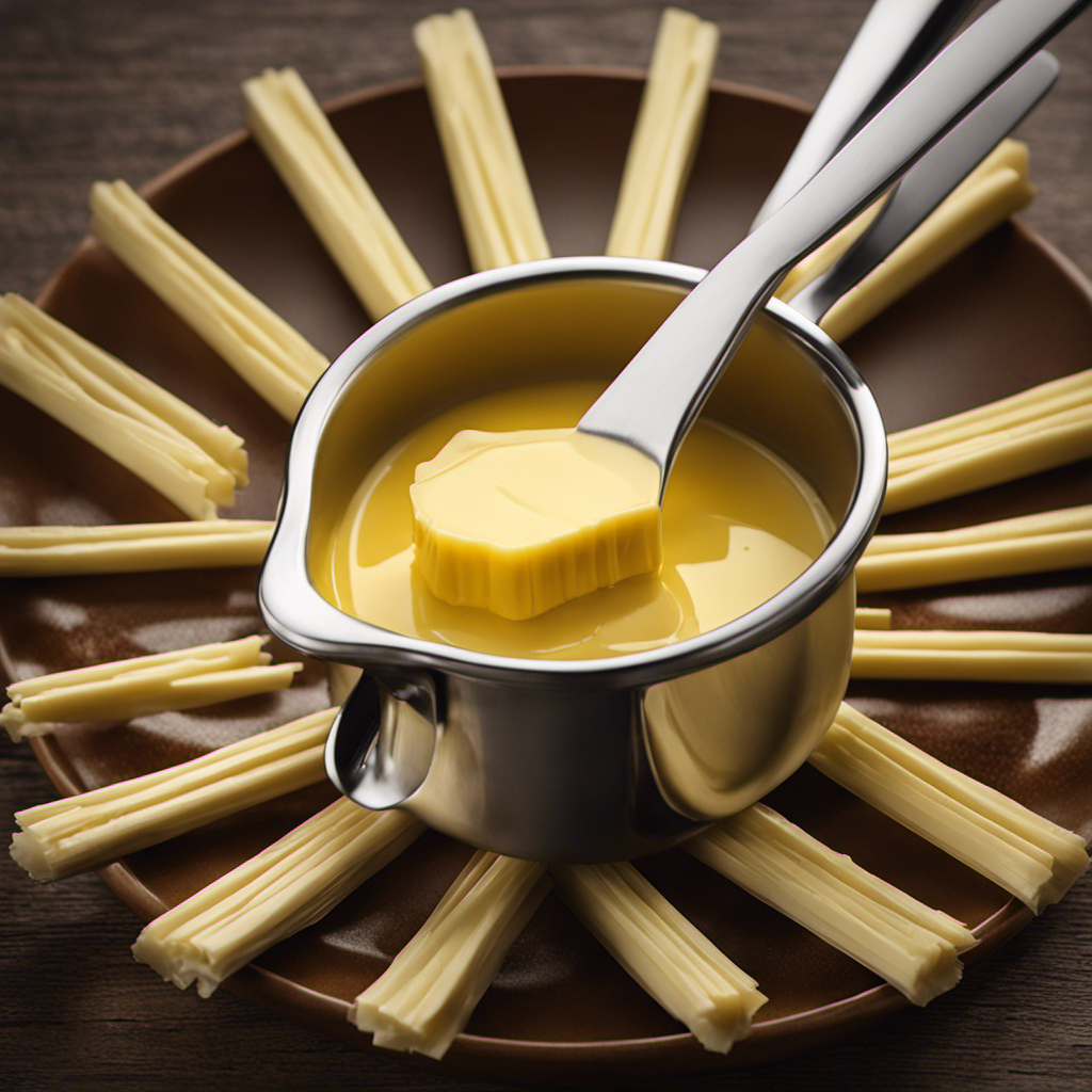 An image showcasing a measuring cup filled with exactly 2/3 cup of melted butter, surrounded by six identical sticks of butter to visually represent the accurate measurement