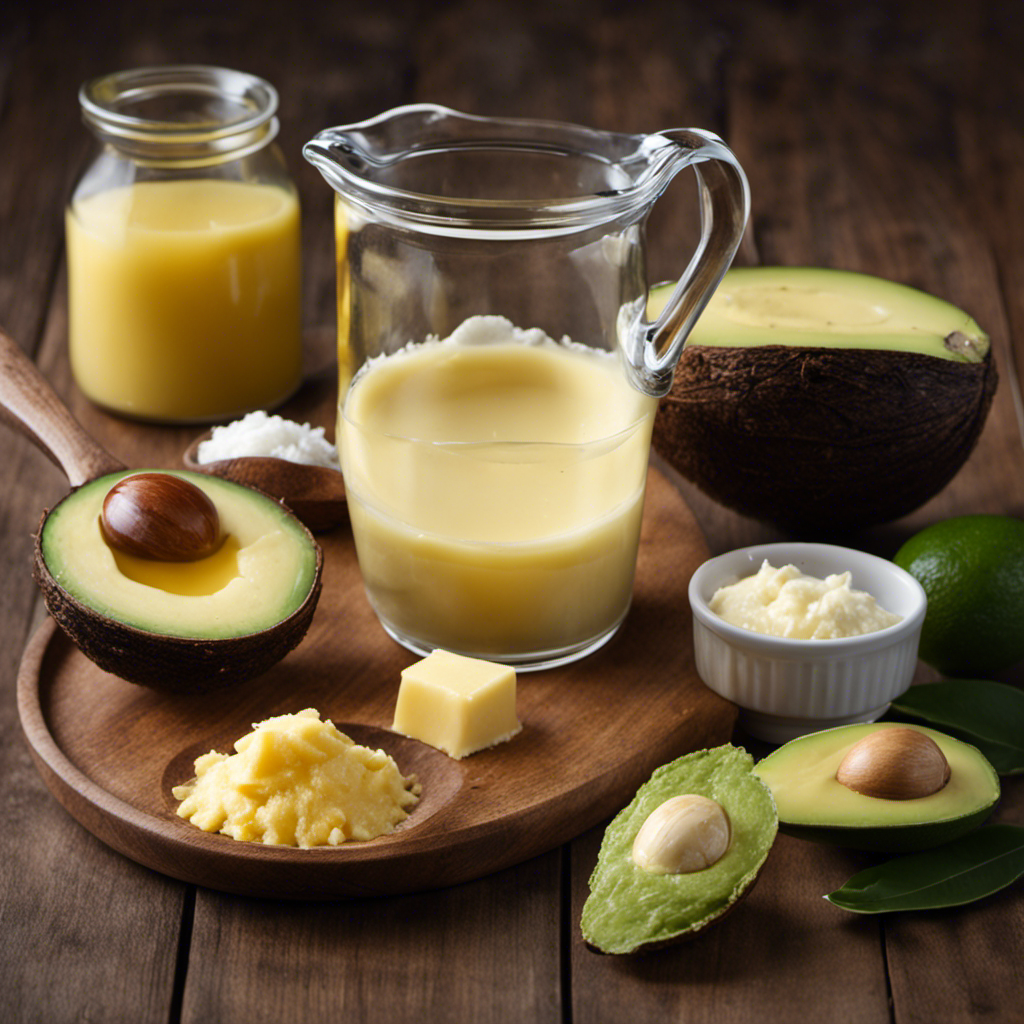 An image showcasing a measuring cup filled with 2/3 cup of melted butter, surrounded by various butter substitutes like coconut oil, applesauce, and avocado, representing the exploration of alternatives