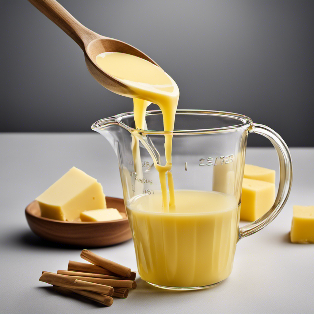 An image showcasing a clear glass measuring cup filled with precisely 2/3 cup of melted butter, surrounded by neatly arranged sticks of butter, visually explaining the equivalence