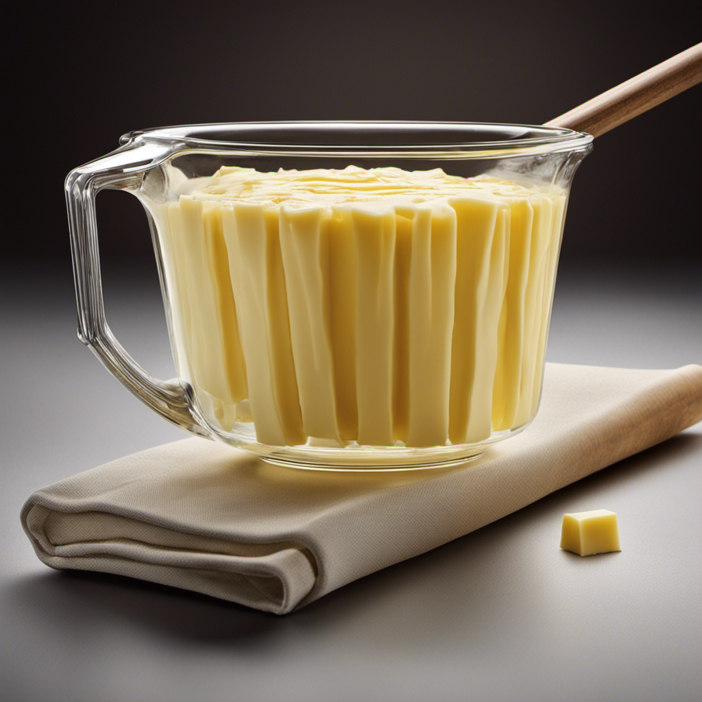 An image featuring a glass measuring cup filled with 2/3 of a cup of melted butter, with three wrapped sticks of butter beside it, highlighting the equivalent quantity