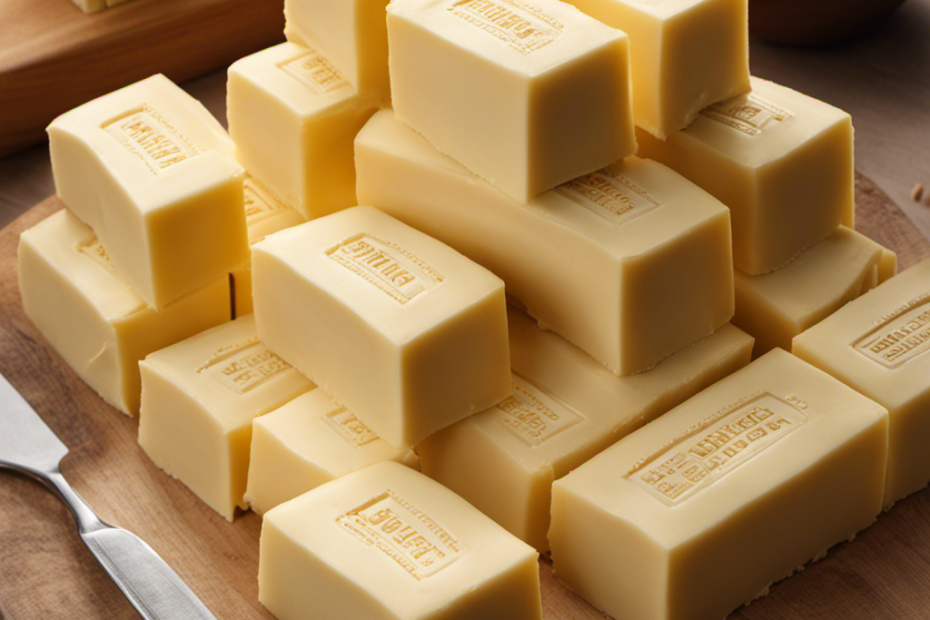 An image featuring a stack of rectangular sticks of butter, precisely showing three-quarters of the stack, with each stick labeled to illustrate the quantity