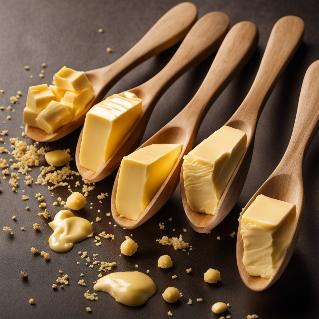 An image depicting six individual tablespoons filled with creamy, golden butter, neatly arranged in a row