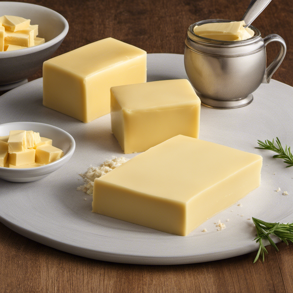 An image showcasing a stack of 4 rectangular sticks of butter, each measuring 2