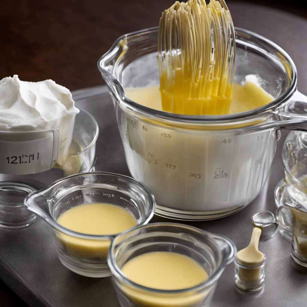 An image showcasing a clear glass measuring cup filled to the 1-cup mark with melted butter, surrounded by neatly arranged sticks of butter, each labeled with fractional measurements (1/4, 1/2, 3/4, etc