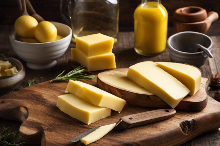 An image showcasing a rustic wooden cutting board with 2 sticks of butter, neatly sliced, next to a measuring cup filled exactly to the brim with creamy, melted butter