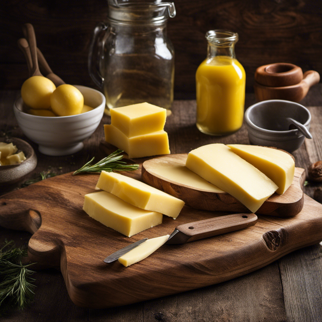 An image showcasing a rustic wooden cutting board with 2 sticks of butter, neatly sliced, next to a measuring cup filled exactly to the brim with creamy, melted butter